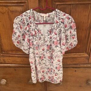 Rebecca Taylor Floral Puff Sleeve Blouse - Pink and white